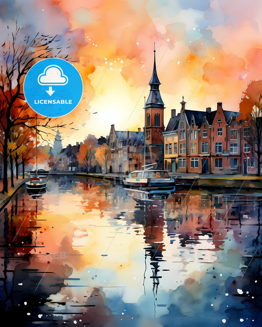 Enschede, Netherlands, a watercolor painting of a city with a boat on the water