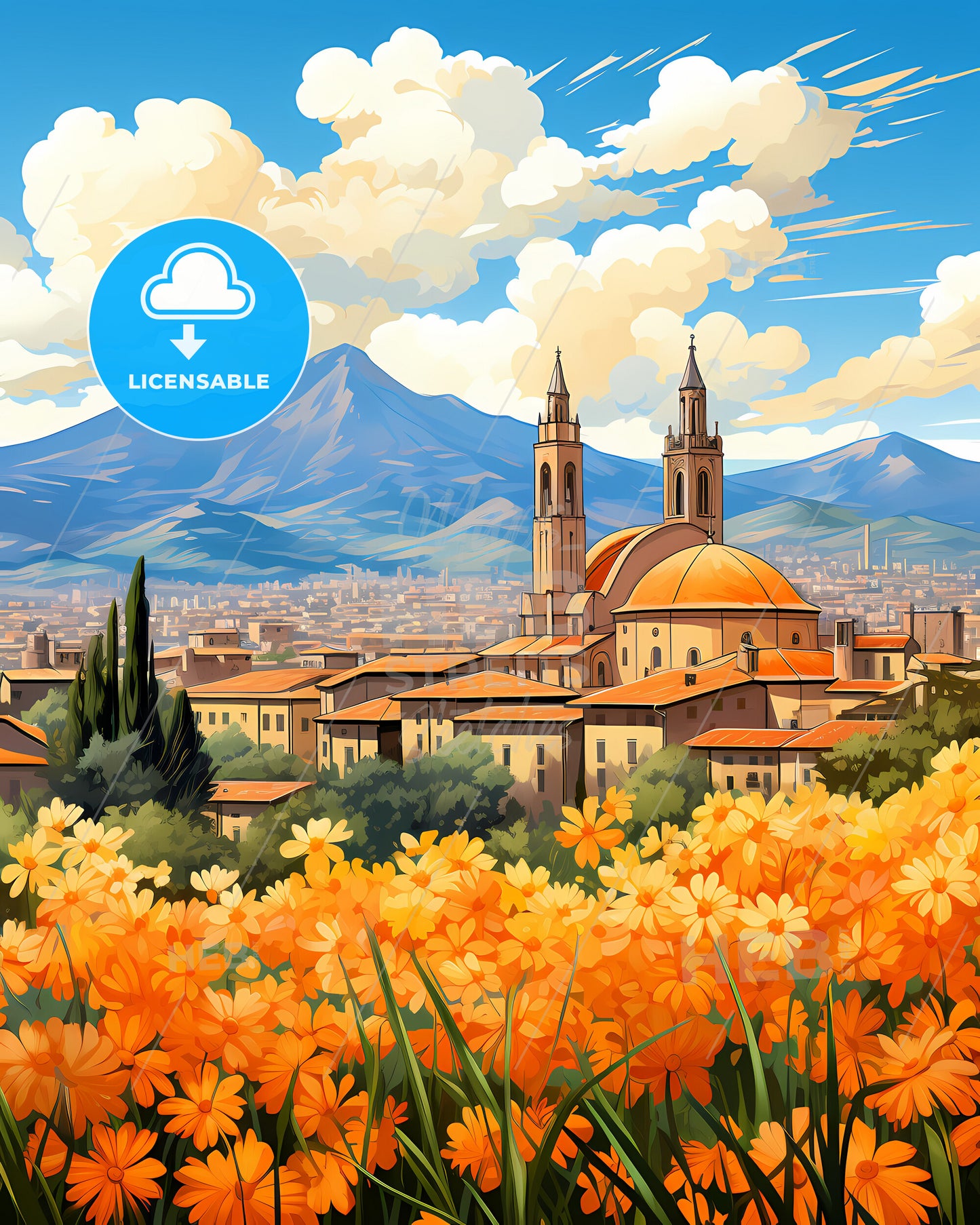 Novara, Italy, a landscape of a city with orange flowers and mountains in the background