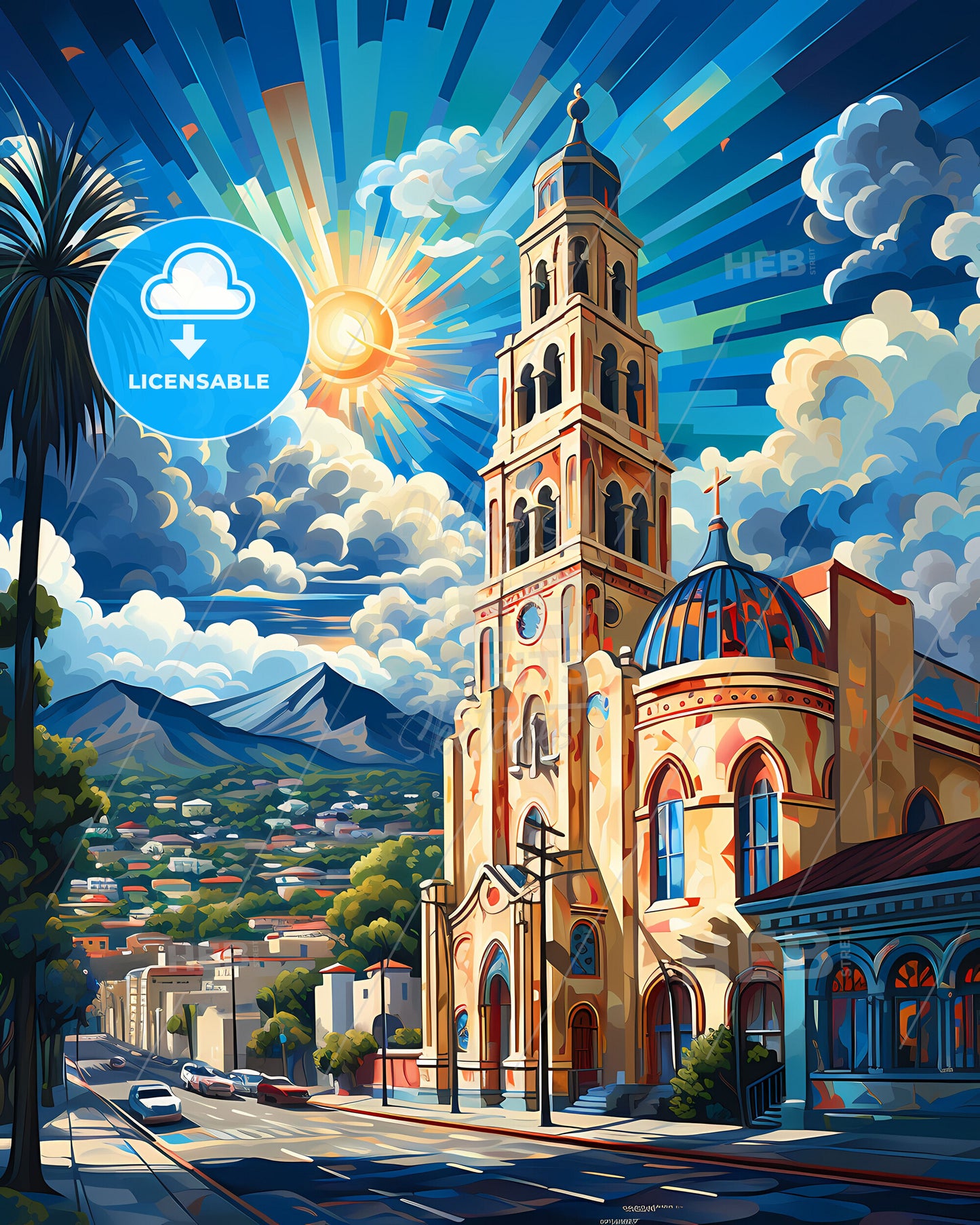 Union City, California, a painting of a church with a city and mountains in the background