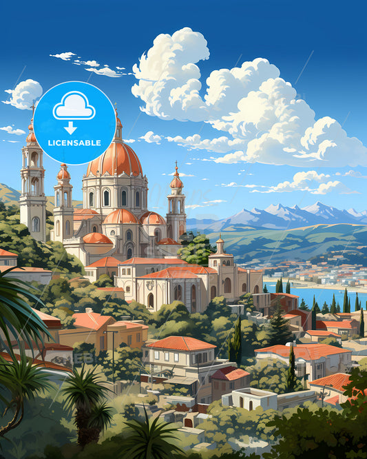 Queluz, Portugal, a building with orange domes and a city in the background