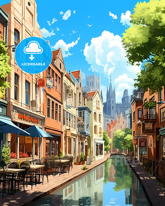 Houten, Netherlands, a water canal with buildings and trees