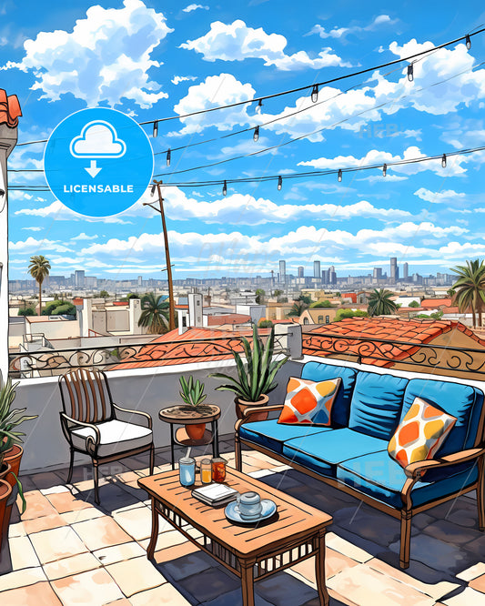 Torrance, California, a patio with a view of a city