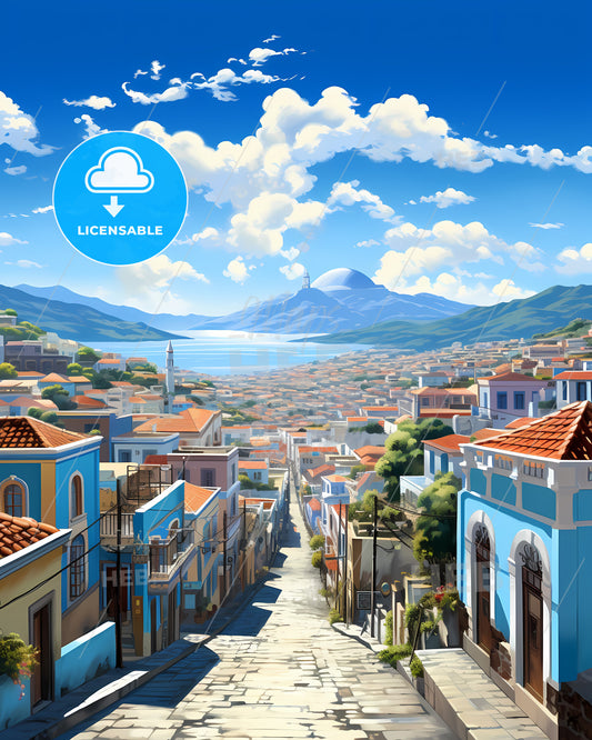 Ponta Delgada, Portugal, a street with buildings and mountains in the background