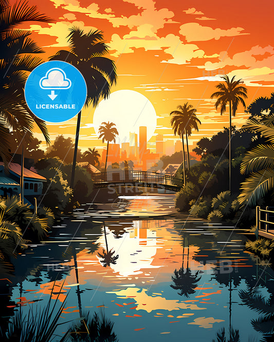 Lauderhill, Florida, a sunset over a river with palm trees and a bridge