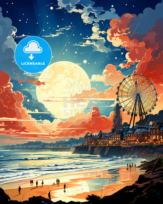 Bournemouth, South West England, a large moon over a beach