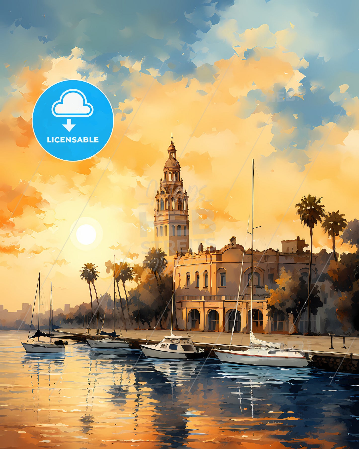 Alameda, California, a water with boats and a building in the background