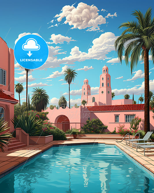 Carson, California, a pool in a courtyard with palm trees and buildings