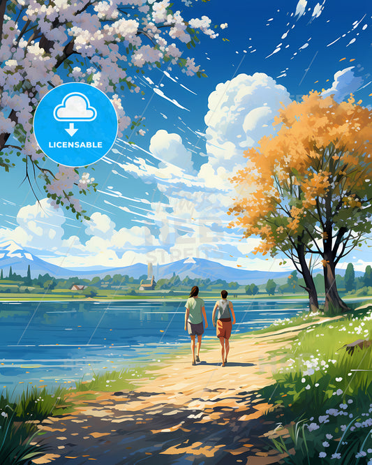 Broomfield, Colorado, two people walking on a path by a lake