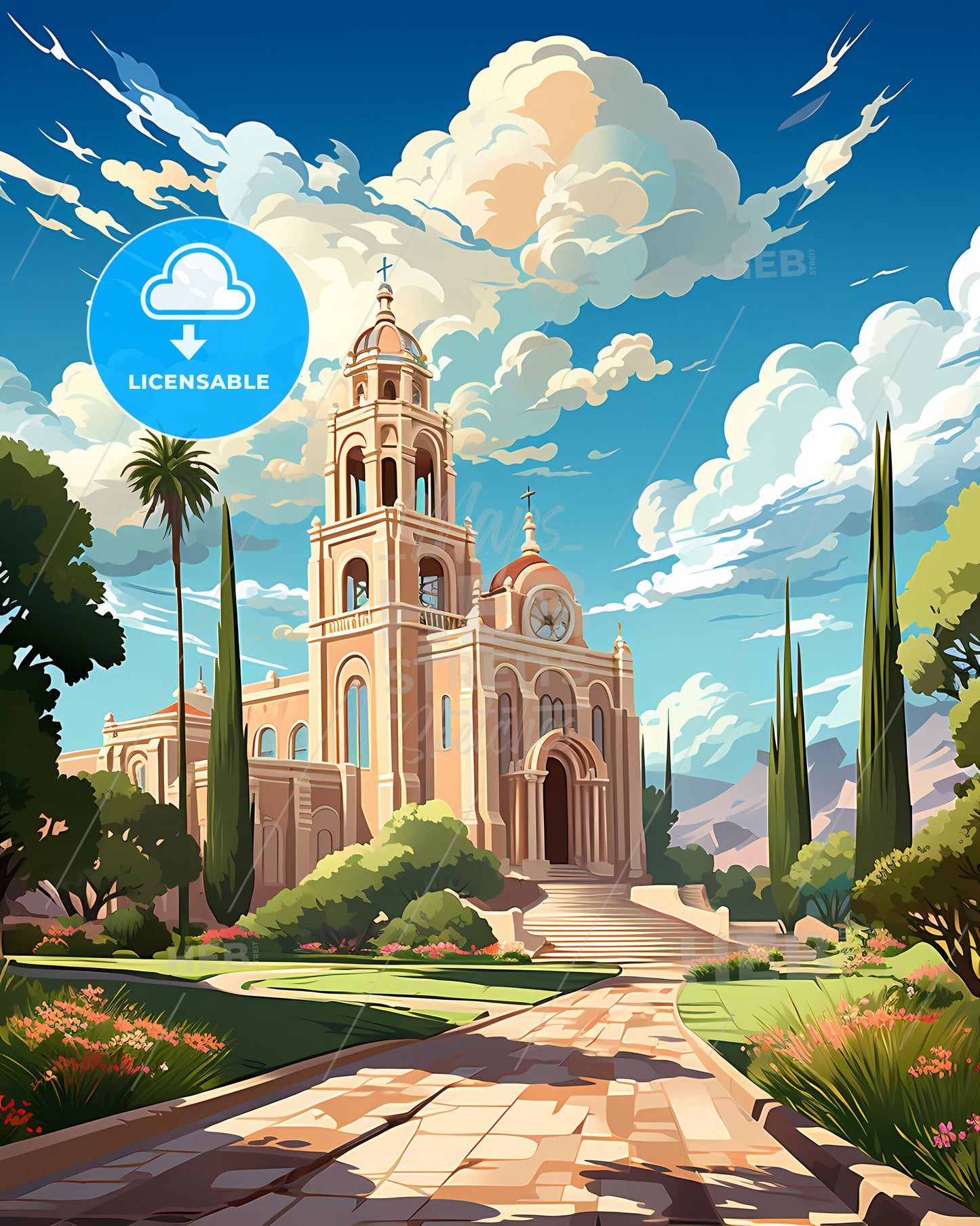 Westminster, California, a building with a tower and a path