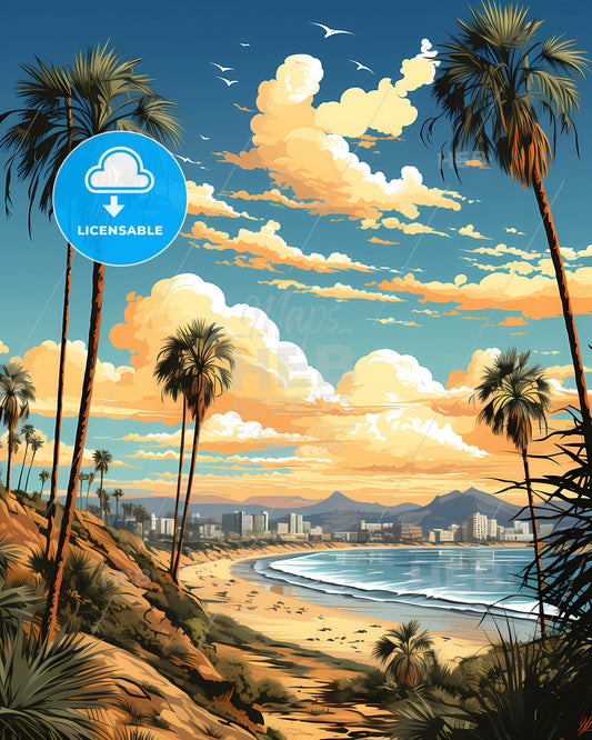 Newport Beach, California, a beach with palm trees and a city in the distance