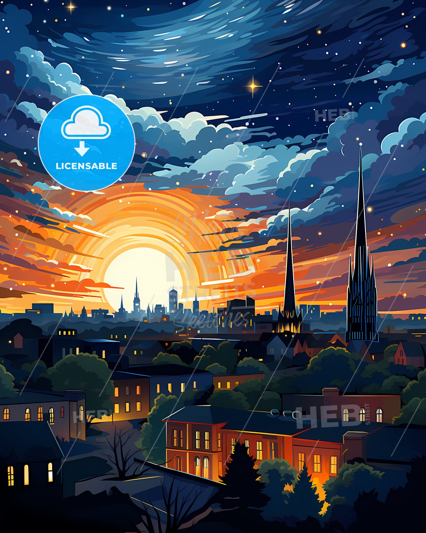 Modena, Italy, a cityscape with a sunset