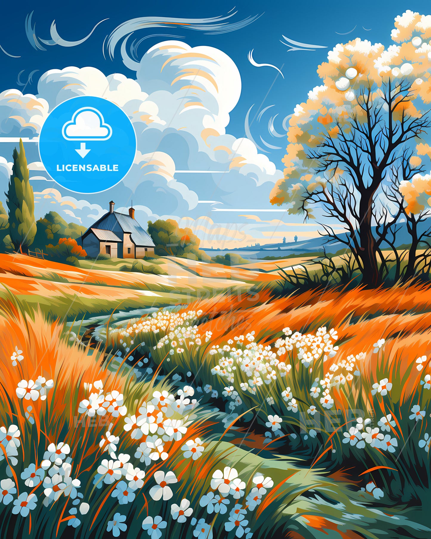 Lansingerland, Netherlands, a painting of a house and a field of flowers