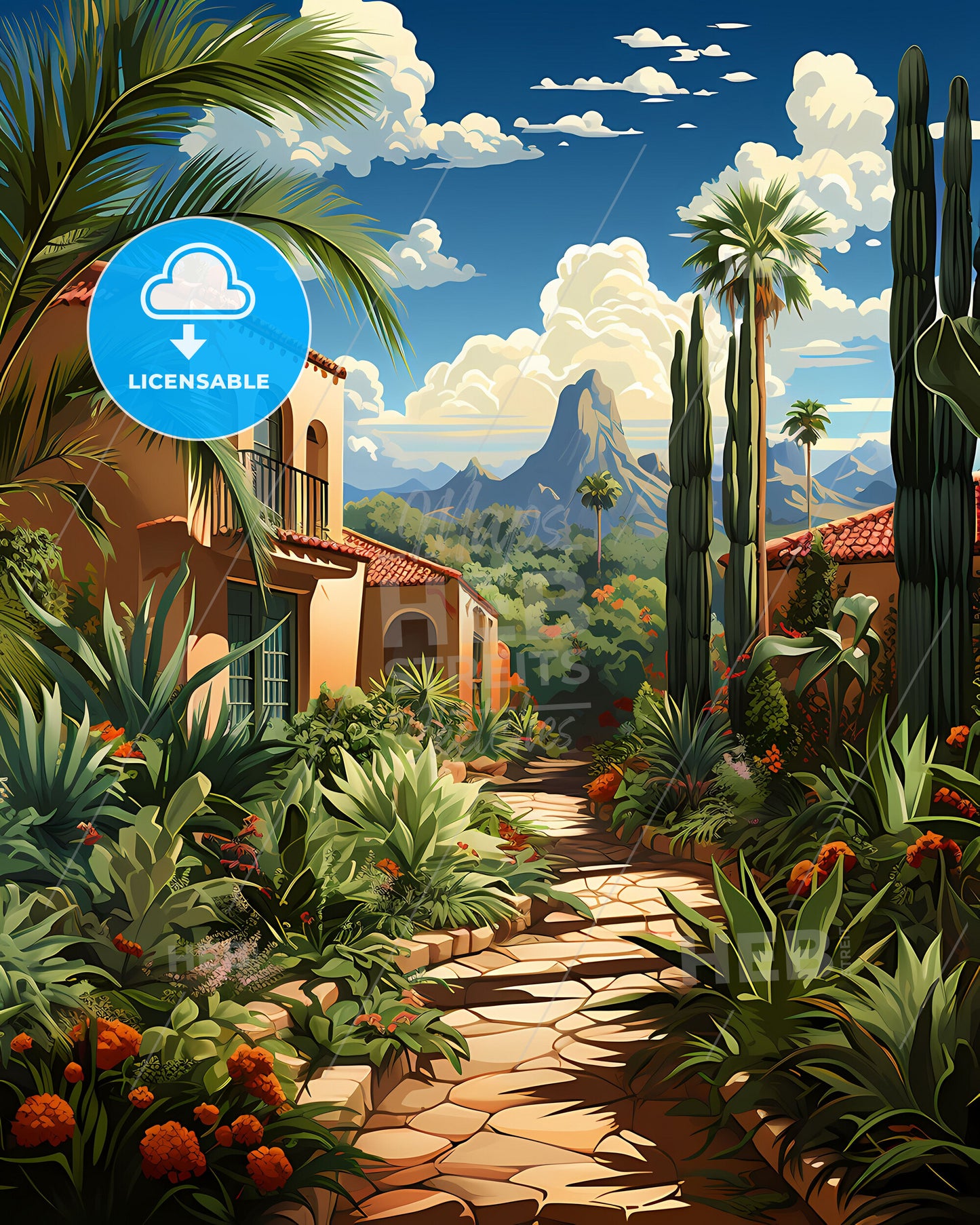 Westminster, California, a stone path between buildings with plants and trees