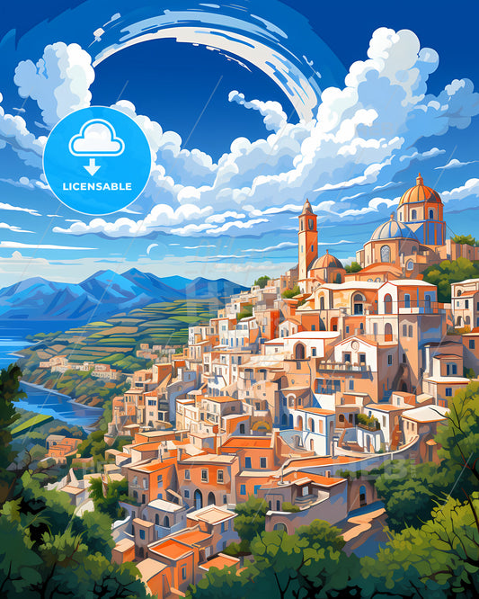 Cava De Tirreni, Italy, a painting of a town with a river and mountains