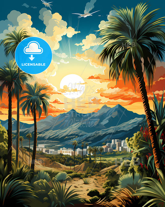 Thousand Oaks, California, a landscape with palm trees and mountains