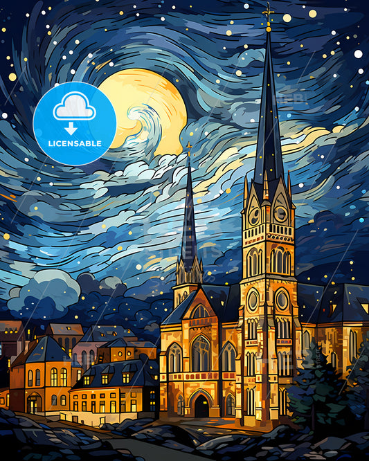 Frederick, Maryland, a church with a tower and a moon in the sky