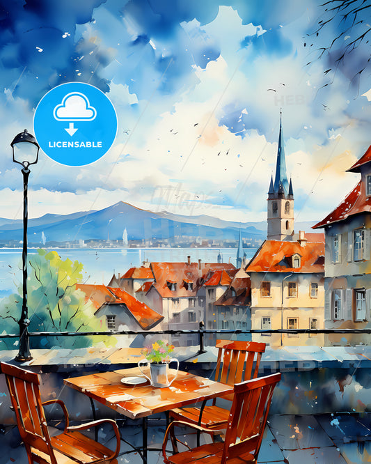 Lausanne, witzerland, a watercolor painting of a city with a table and chairs