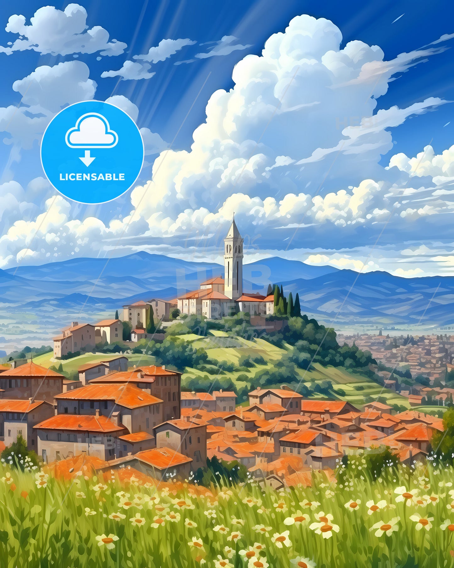 Piacenza, Italy, a landscape of a town with a tower on a hill