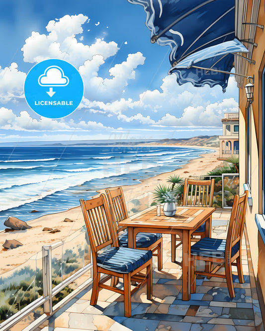 Carlsbad, California, a table and chairs on a patio overlooking a beach
