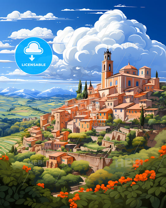 Guidonia Montecelio, Italy, a cartoon of a town on a hill