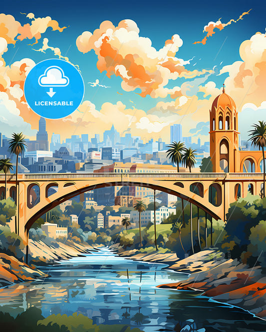 Escondido, California, a bridge over a river with trees and a city in the background