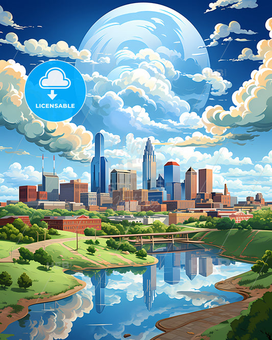 Grand Prairie, Texas, a city landscape with a river and clouds