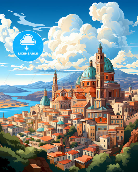 Las Palmas, de Gran Canaria, a city with a large building and mountains in the background