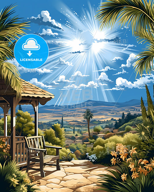 La Habra, California, a landscape with a bench and a gazebo