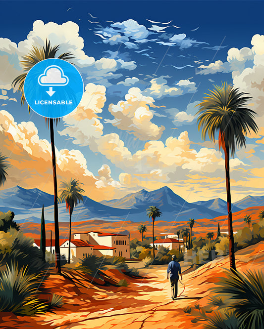 Westminster, California, a man walking on a dirt road with palm trees and mountains
