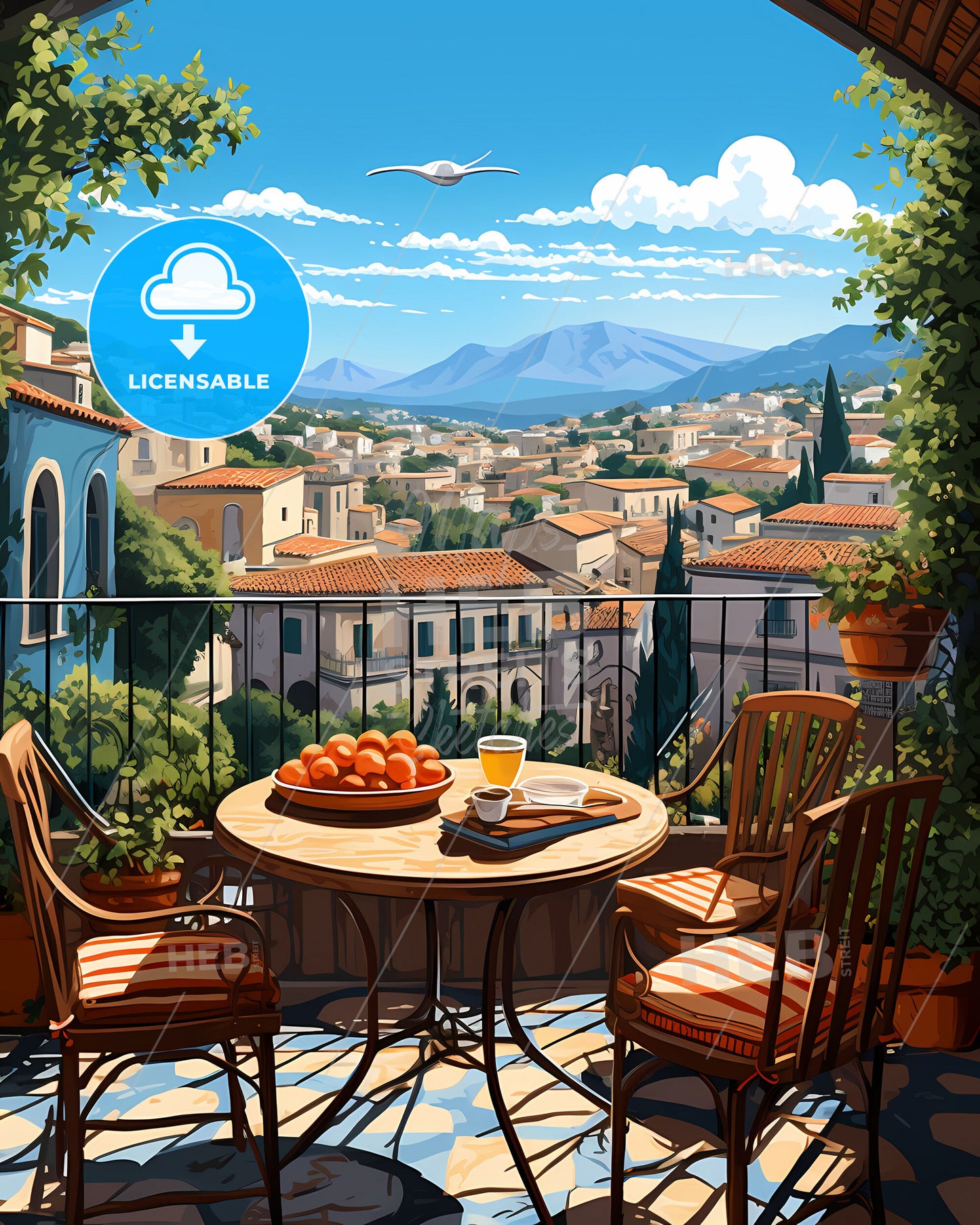 Vittoria, Italy, a table with oranges and a cup of tea on a balcony overlooking a city