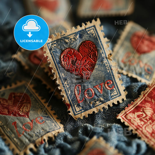 A Group Of Postage Stamps With Red And Blue Hearts