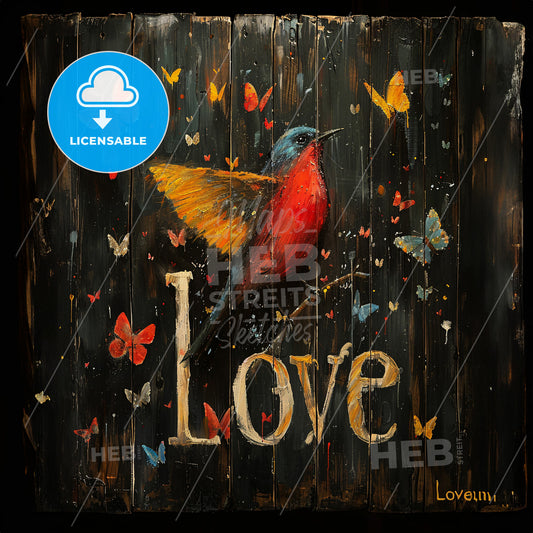 A Painting Of A Bird And Butterflies On A Wood Surface