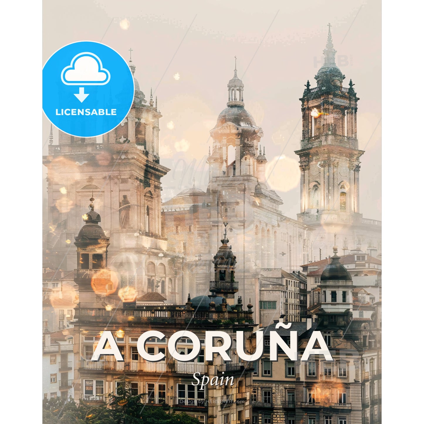 A Coruña Skyline Art Deco Poster Design - A group of buildings with towers - Square format print template