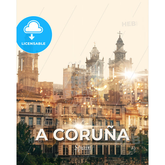 A Coruna Skyline Double Exposure Art - A city with many buildings - Square format print template