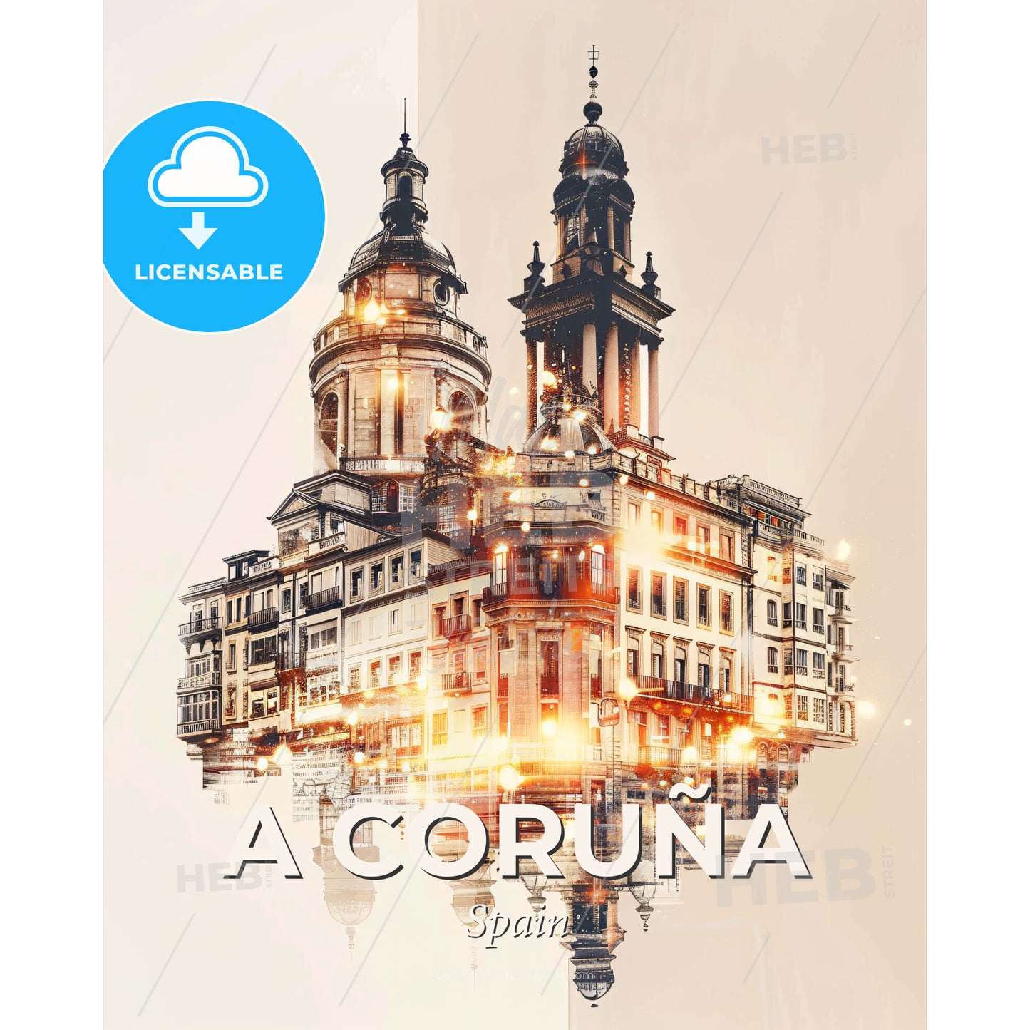 A Coruna Skyline Double Exposure Composite Art - A building with towers and lights - Square format print template