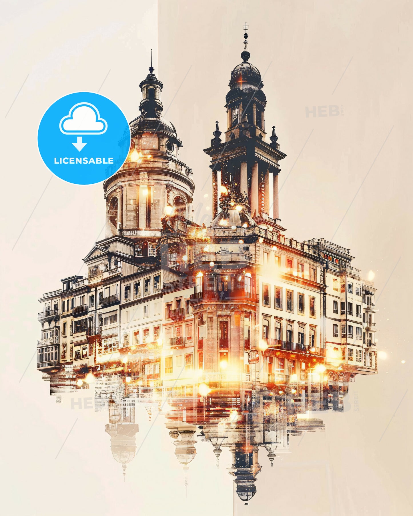 A Coruna Skyline Double Exposure Composite Art - A building with towers and lights