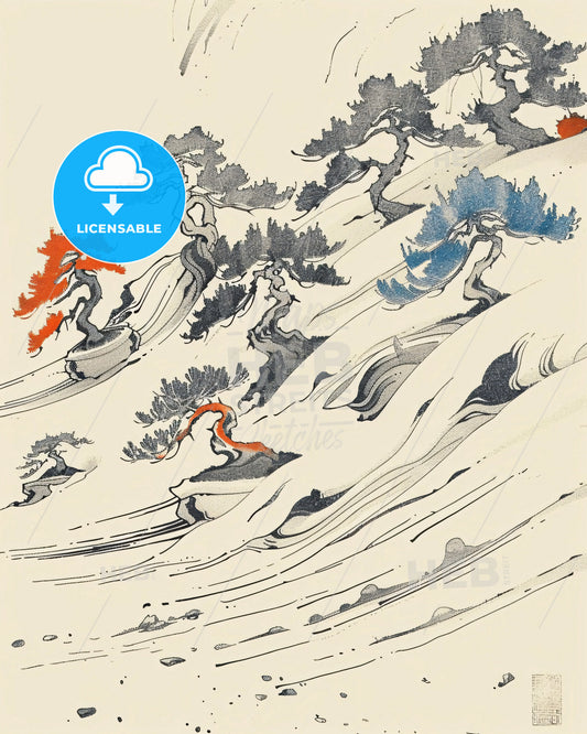 Zen Minimalism: Nature's Serenity in Line Art - A drawing of trees on a snowy hill