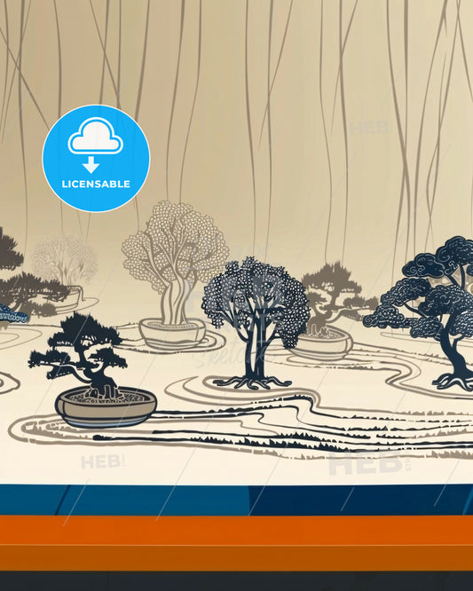 Zenith of Serenity in Japanese Garden - A drawing of trees in pots