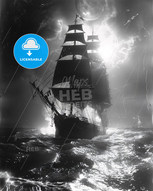 Vintage Atlantic Seascape: Celestial Tranquility - A ship in the ocean