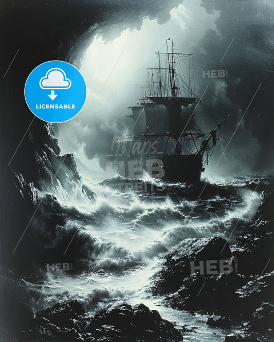 Vintage Atlantic Seascape from 1750, Night - A ship in the sea