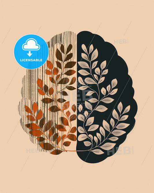 Minimalist Idea Symbolism On Beige - A black and white brain with leaves