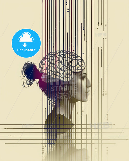 Psychedelic Mind Odyssey in Vibrant Hues - A woman with a brain in her hair