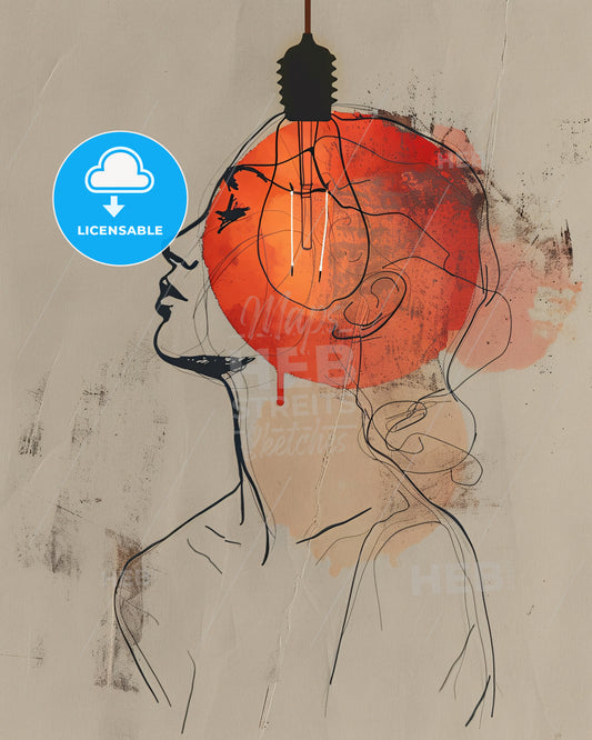 Minimalist Bulb Art: Bold Lines, Earthy Hues - A drawing of a woman with a light bulb in her head