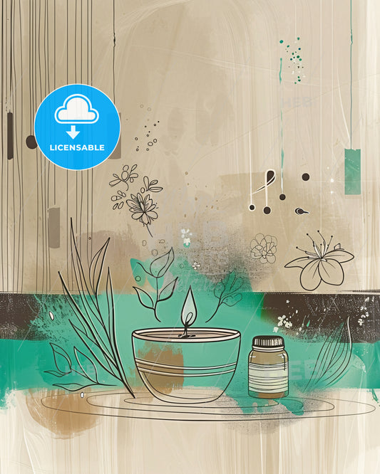 Soothing Spa Oasis: Serene Calm in Artistic Lines - A painting of a bowl of candle and a jar of plants