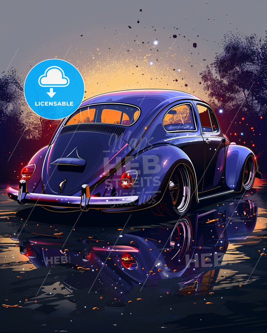 Modern Linescape in Grey Purple Blue on Beige - A car parked on a wet surface