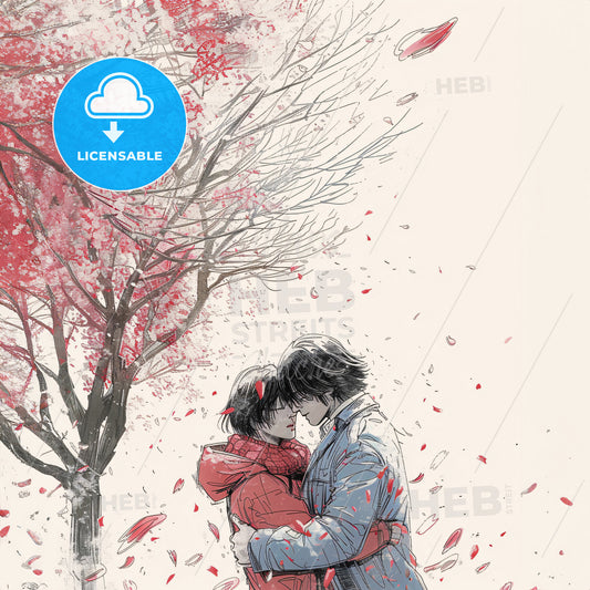 A Couple Hugging Under A Tree With Red Leaves Falling