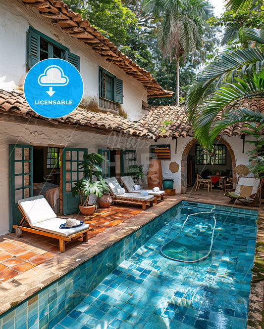 A couple by a swimming pool at a fancy house  - A pool with lounge chairs and a house with trees