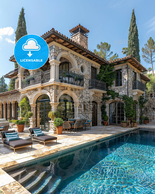 Relaxed couple at luxury villa poolside - A pool and a house