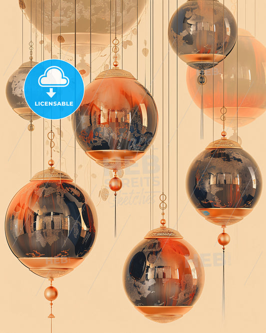 Abstract Gong Minimalist Print in Beige Black Grey and Orange - A group of round glass balls from strings