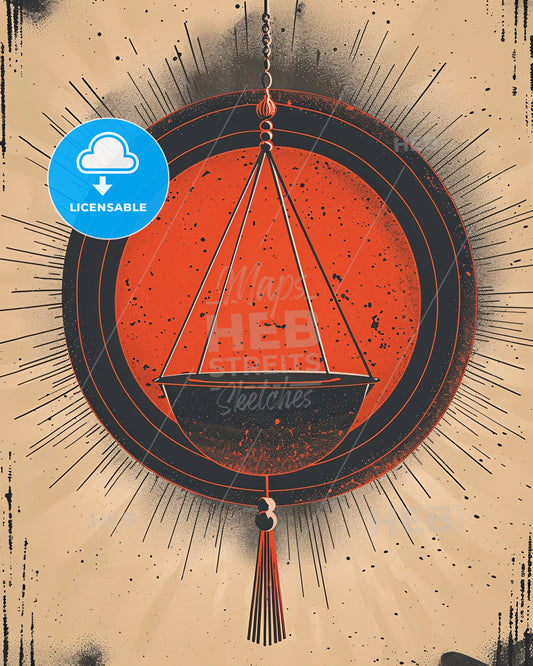 Timeless Gong Art in Serene Hues and Lines - A round object with a tassel